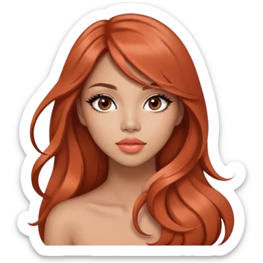 gorgeous woman, light tan skin, very long auburn hair, side bangs, black eyes, peach coral lipstick, model, latina, asian, mixed sticker