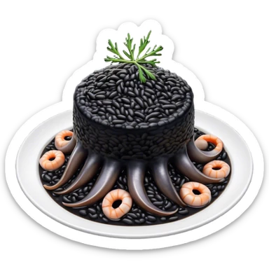 Cinematic Realistic Black Risotto Dish Emoji, showcasing a rich squid ink-infused risotto rendered with bold textures and dynamic, dramatic lighting. sticker