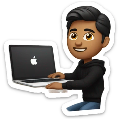    memoji of a man with a laptop in front, apple-style,modern,dark hair,black sweater,computer in hand, indian brown skin, sitting on his desk sticker
