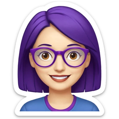 Cartoon 50-year-old youthful woman with purple glasses, brown eyes, and dark blue (not purple) hair to her shoulders. sticker