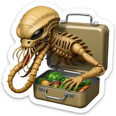 The original Predator with mask and mouth piece eating an Alien facehugger from a lunchbox, the setting should be dark and real. sticker