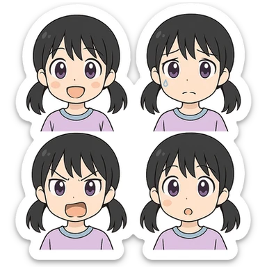 Change hair color to black, keep anime girl with purple eyes, classic anime style, various emotions, clean lines, no background. sticker
