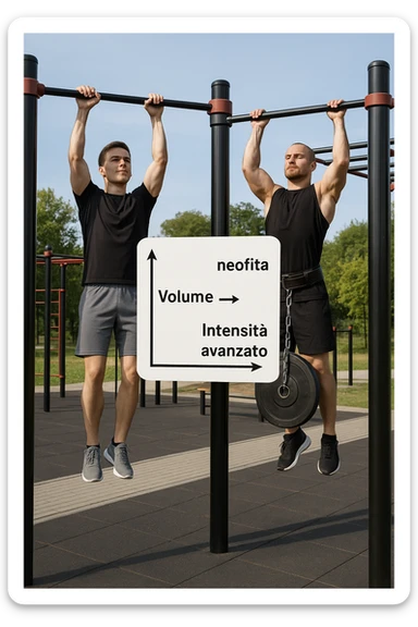 Due atleti fianco a fianco in un parco attrezzato: a sinistra il neofita che fa 10 trazioni leggere con concentrazione, a destra l’atleta avanzato con cintura zavorrata che fa 3 ripetizioni lente e pesanti. Tra loro, grafico sospeso in aria che mostra: 'Volume → neofita | Intensità → avanzato'. Stile realistico con elementi educativi visivi in italiano sticker