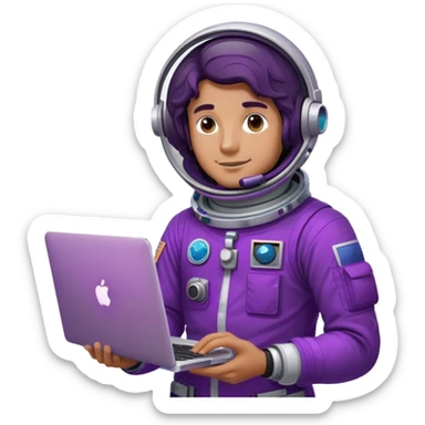 guy astronaut with purple suit, long ombre black/brown wavy hair and one macbook sticker