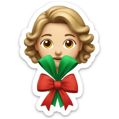 Middle aged woman with light brown hair learning how to tie a Christmas bow sticker