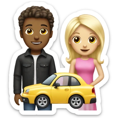 white boy with dark hair buying blonde girl pink car sticker