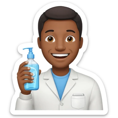 Emoji of a cheerful Black man holding mouthwash, big smile, simple design sticker