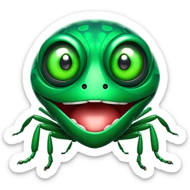 Cinematic Comical Green Bugdie Portrait Emoji, Head tilted dramatically with an exaggeratedly amused expression, featuring a striking, glossy emerald exoskeleton with bold patterns, wide, expressive multifaceted eyes filled with playful disbelief, Simplified yet hilariously expressive features, highly detailed, glowing with a slightly sassy glow, high shine, dramatic yet playful, stylized with an air of cheeky mischief, bright and endearing, soft glowing outline, capturing the essence of a spirited and over-the-top bug, so meme-worthy it feels like it could side-eye its way into internet fame instantly! sticker