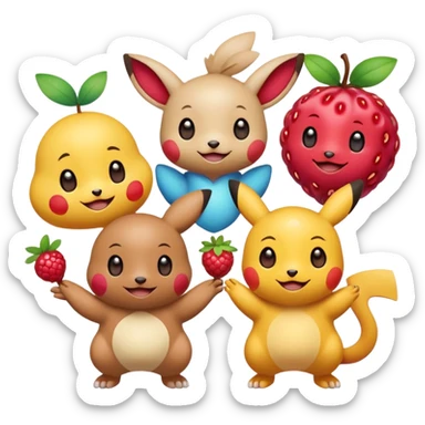 Three Pokémon characters showing kindness and teamwork. One Pokémon is handing a berry to another, while the third Pokémon is cheering and clapping happily. They look joyful and friendly, standing close together in a bright, colorful cartoon scene. The style is cute, playful, and emoji-like. sticker