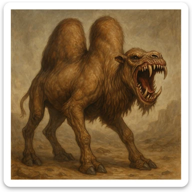 a camel monster with exaggerated humps and sharp teeth, fantasy creature, detailed sticker