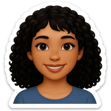 Make the hair wavy and black, with bangs more on the right side. Change the skin tone to almond. Keep the expression warm, friendly, and calm, with freckles and a glowing complexion. Preserve the transparent background. sticker