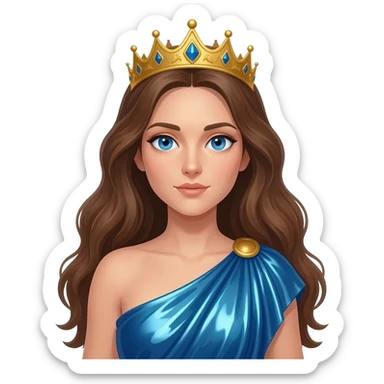 Hera from Greek Mythology with blue eyes, long brown hair, blue metallic peplos sticker