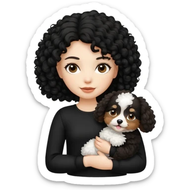 Moça branca com cabelo cacheado preto. Roupa preta e Com um cachorro no colo sticker