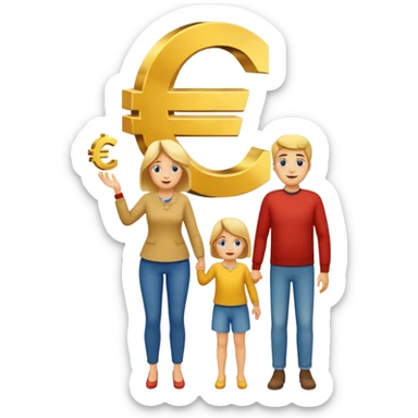 family of three (mom, dad, one child) with euro symbol floating above them sticker