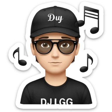 Emoji of a white man with short dark brown hair under a black baseball cap, wearing a black t‑shirt and 1980s‑style black Ray‑Ban rectangle sunglasses black lenses, with black musical notes floating around his head,  word "DJ DLG" written on the hat sticker