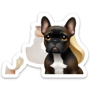 Blonde girl with blue eyes holding brown and black French bulldog sticker