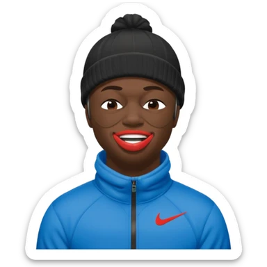 black guy with nike ski mask on squinching his face with his lips puckered trying to hold his laugh with his eyes closed sticker