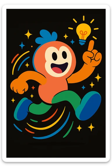 Replace the mascot in this image with the same unified mascot character used in the other two images. Maintain the colorful motion lines, sparkles, and dynamic accents to keep the playful, energetic, and imaginative vibe suitable for a black website background. sticker