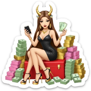 Sensual seductress long brown straight haired sexy drug lord woman with  glitter platform high heels on her feet,  and devil black horns on her head, holding a stack of cash, has a phone in other hand. Sitting on gold cases full of drugs, long black dress with sexy slit sticker