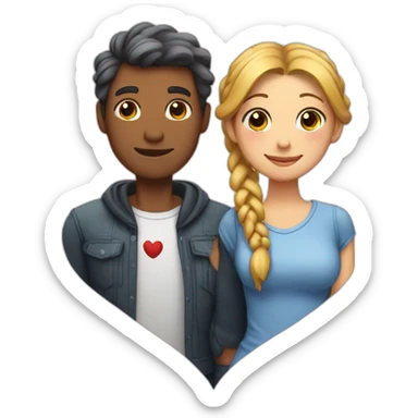 Man loves woman with pigtails, heart between them sticker