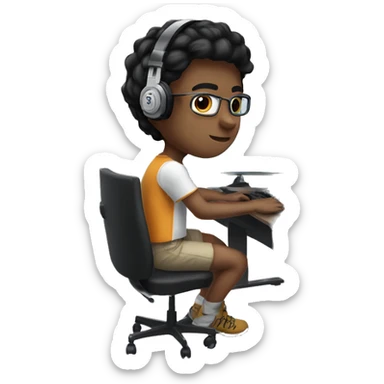 white boy with dark hair and lasses wearing gaming headset and sitting at desk on desktop computer   sticker