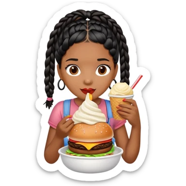 Girl brown girl with black braids eating a burger with a bowl of ice cream sticker