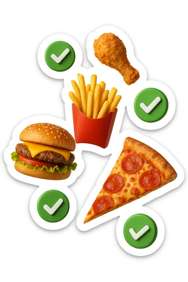 fast food realistico fluttua in aria insieme a spunte di verificato in 3d sticker