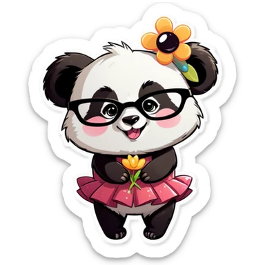 Cute female Panda wearing a tutu and glasses with a flower above 1 ear hugging a male raccoon  sticker