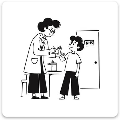 A 1960s doctor injecting a measles vaccination to a happy child in a doctors surgery.  On the door is a sign that reads NHS sticker
