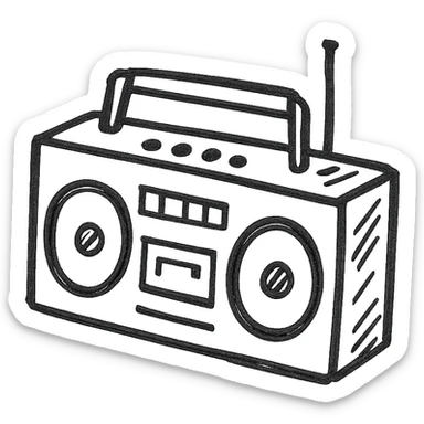 Boombox icon, hand drawn, black outlines, no fill, simple and clean, angled view sticker