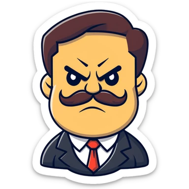 A cartoon angry boss character with a thick mustache, frowning face sticker