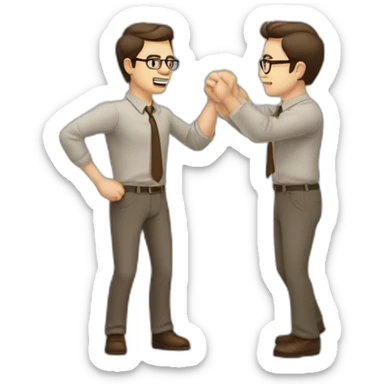 To belt Actively gesturing with hands Pale skinned fit man teacher with dark brown hair in gray jacket, beige office shirt, brown tie, brown pants and vintage glasses. sticker
