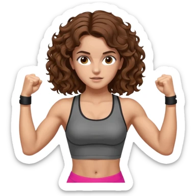 full body, very beautiful italian girl, looking like Emma Watson, with curly and big volume very bright brown hair, workout clothes, flexing muscles

 sticker
