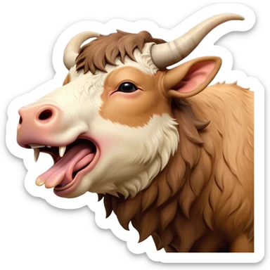 Cinematic Cute Yawning Domestic Ox Portrait Emoji, Head tilted slightly with a dramatic, wide-open yawn, showcasing a soft, textured hide with drooping horns and half-closed, drowsy eyes, Simplified yet irresistibly adorable features, highly detailed, glowing with a soft, cozy natural glow, high shine, relaxed yet expressive, stylized with a dash of pastoral whimsy, soft glowing outline, capturing the essence of a sleepy yet affectionate ox that seems ready to stretch out for a nap! sticker