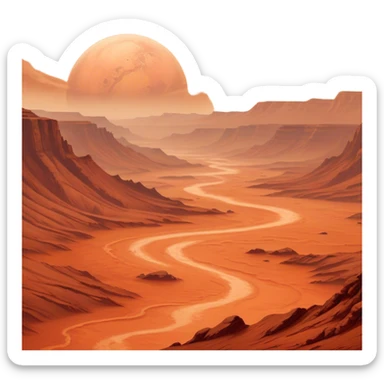 Cinematic Realistic Mars, portrayed with rugged, rust-colored landscapes, deep canyons, and swirling dust storms rendered with lifelike texture and an orange-hued glow that evokes the enigmatic allure of the Red Planet. sticker