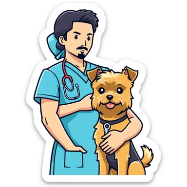 A blonde white nurse stands beside a handsome, muscular Korean man with black hair styled in a sharp point, a full goatee, and a blonde Yorkshire Terrier in his arms sticker