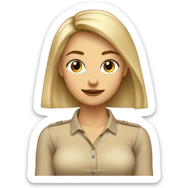 Mujer con cabello rubio lacio, hasta el hombro, con flequillo de lado, frente amplia y aros de argolla, ojos café. Camisa color beige con cuello tortuga sticker