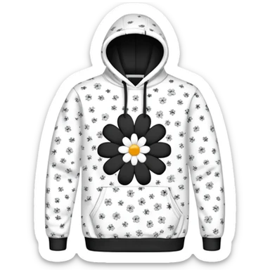 The BLACK Denim Tears Hoodie features a black base with distinctive black and white flowers. Each flower has a white outer ring with an empty space in the middle, creating a hollow, open design. These patterns are scattered across the hoodie for a bold and unique look. sticker