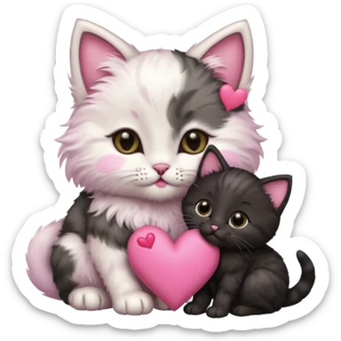 Kitten kissing black mommy kitten on the cheek with a pink heart symbol sticker