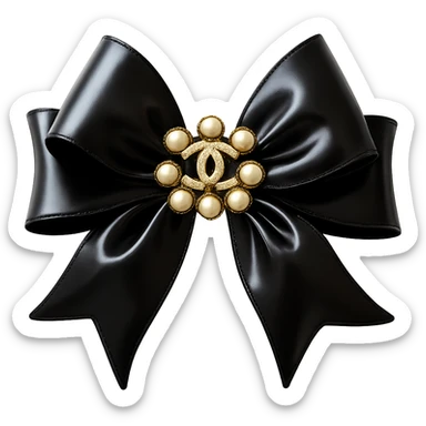 Remove the background, keep only the elegant bow with pearls and gold Chanel logo, glossy, black and white, realistic style, with no background. sticker