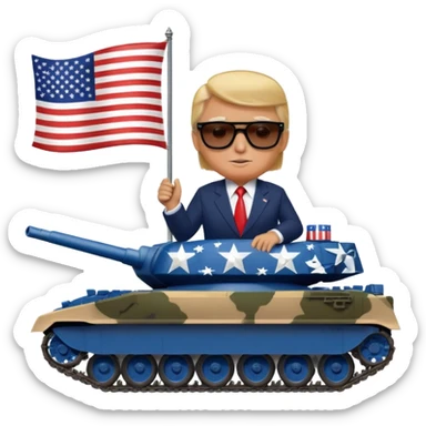 Donald trump with shades holding an American flag on top of a tank sticker