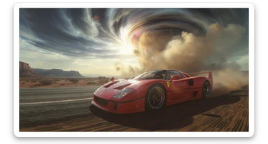 Cinematic still of a ferrari f40 around tornado od arizona desert, sun flare, captured by gopro hero with effect fisheye, water drops on car body, detailed, inspired by interstellar look, captured by a arri alexa, inspired by Wes Anderson sticker