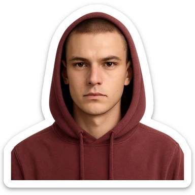 young European male with short buzzcut brown hair, smooth skin, wearing a maroon hoodie with the hood up, oval-shaped face, defined jawline, high cheekbones, sharp focused eyes under straight prominent eyebrows, calm neutral expression sticker