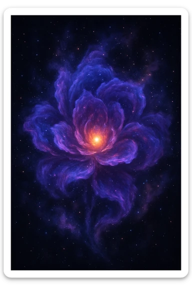 A stylized flower made of swirling purple, blue, and pink nebula clouds, with a glowing center and cosmic dust. sticker
