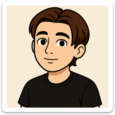 Draw the young man from the first image in the style of the second image: cartoon style that is clean, friendly, and simple. Depict him with a neutral posture and no hand gestures. Use a light background as shown in the second image. sticker