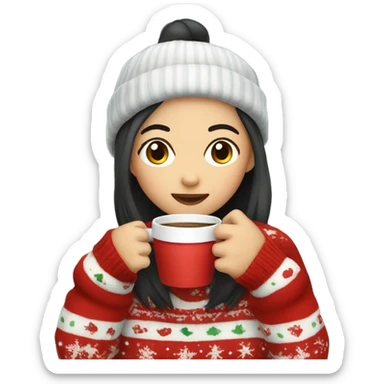 asian girl drinking coffee wearing Christmas sweater sticker
