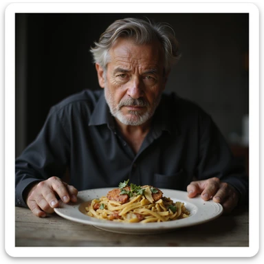 uomo di circa 20 anni, triste, che mangia un piatto di pasta, espressione triste, iperrealismo 4K, variazione 10 sticker