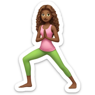 A girl with brown long hair, fair skin and green eyes stands tall in a yoga pose in a pink tank top and pink leggings sticker