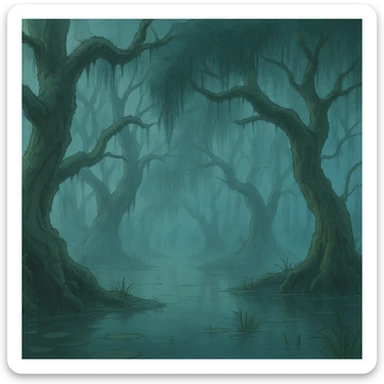 mysterious foggy swamp with twisted trees, ghibli-inspired style sticker