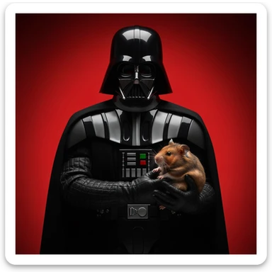 Closeup Photo of a darth vader holding big hamster, low key light, red solid background with leading lines, back light, spot light sticker